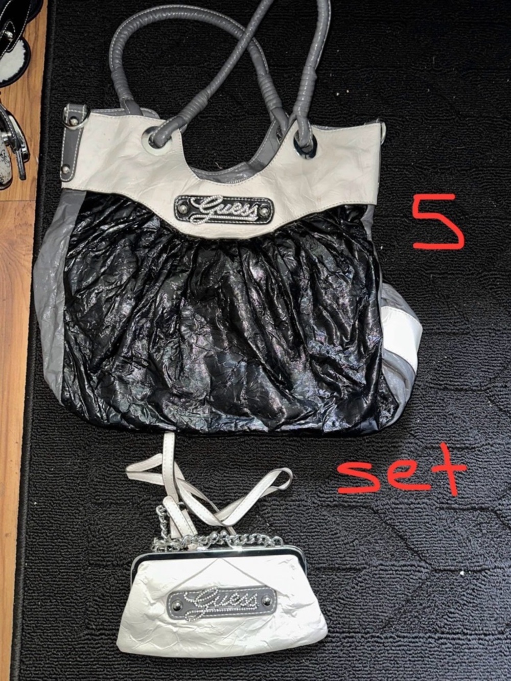 GUESS Black, White & Gray Tote with Matching White Mini Crossbody